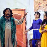 Artists performing drama " Dilbar Jani " during Sindh Theatre Festival 2023 at ZA Bhutto Open Air Theater Arts Council