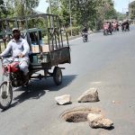 An open sewerage main hole in the right middle of Rajbah Sirwala Road near Lal Mills Chowk is posing serious threats for the road users as the concerned department has left it unattended for the last many weeks