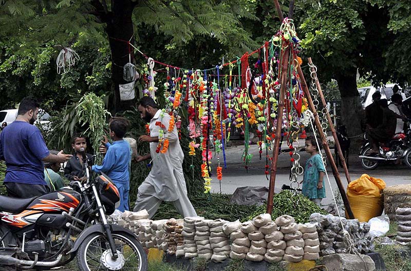 A vendor displaying and selling decorative stuff for sacrificial animals at roadside I-10 sector in Federal Capital