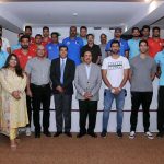Chairman Pakistan Volleyball Federation, Chaudhry Muhammad Yaqoob in a group photograph with players of Pakistan team for winning Engro Central Asian Championship at hotel Best Western