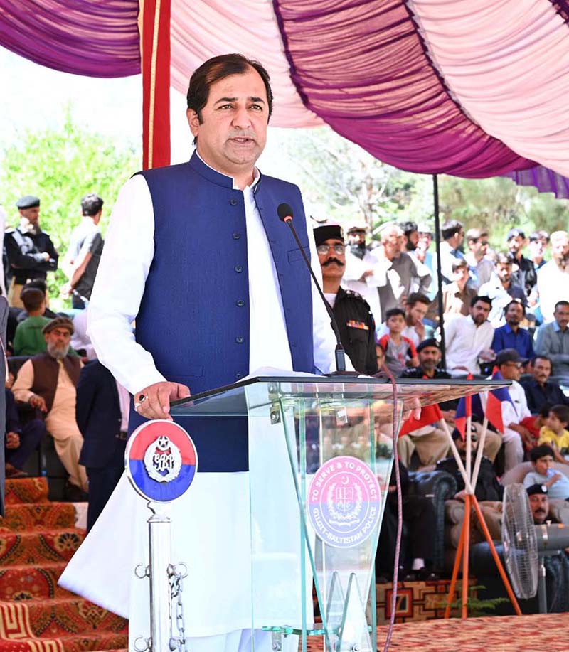 Chief Minister Gilgit-Baltistan Khalid Khurshid Khan addressing during the police passing out parade at Police Training Center