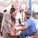 Butchers cutting meat into pieces after slaughtering sacrificial animal on the 2nd of Eid Ul Azha