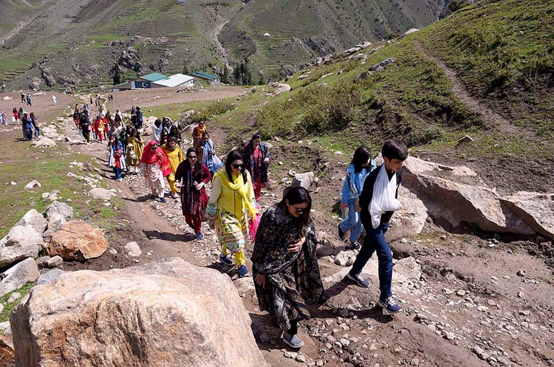 Students are participating in hiking during Four-Day Youth Leadership Summer Camp 2023 arranged by Director of Youth Affairs KP in collaboration with Shaheed Benazir Bhutto Women University