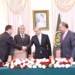 State Minister of Turkmenistan and head of Turkmengaz, Maksat Babayev and Minister of State for Metroleum of Pakistan Dr. Musaddiq Malik signing TAPI Joint Implementation Plan meanwhile Prime Minister Muhammad Shehbaz Sharif witnesses the signing