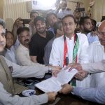 Spokesman for Sindh Government and Advisor to Sindh Chief Minister on Law Murtaza Wahab submitting his nomination papers for the slot of Mayor of Karachi at Provincial Election Commission of Pakistan. PPP leaders Nisar Ahmed Khuhro, Saeed Ghani, Waqar Mehdi are also present on the occasion