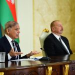 Prime Minister Muhammad Shehbaz Sharif and President of Azerbaijan Ilham Aliyev at a joint press stakeout in Zugulba Palace at Baku
