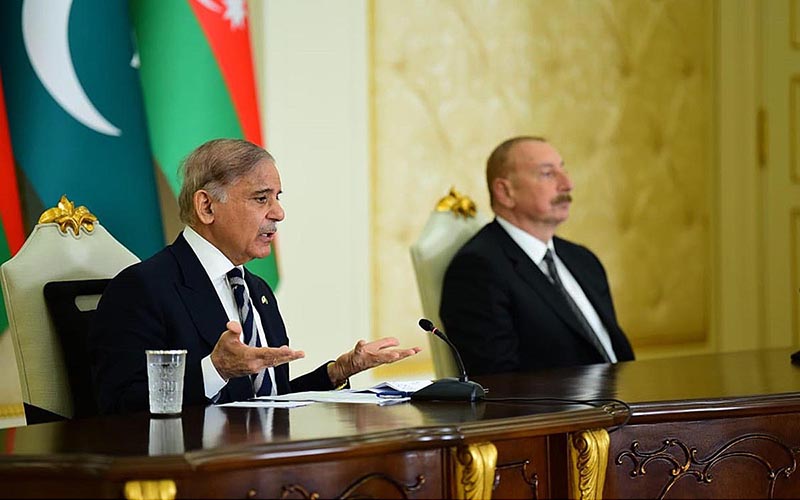 Prime Minister Muhammad Shehbaz Sharif and President of Azerbaijan Ilham Aliyev at a joint press stakeout in Zugulba Palace at Baku