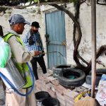 Health workers spraying Anti-Dengue fumes to repel mosquitoes and prevent spreading of dengue fever during dengue control drive at Walton Academy