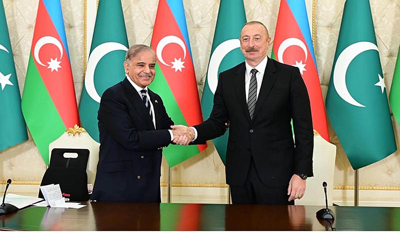 Prime Minister Muhammad Shehbaz Sharif and President of Azerbaijan Ilham Aliyev at a joint press stakeout in Zugulba Palace at Baku