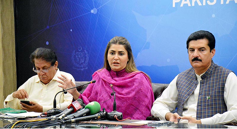 Federal Minister for Poverty Alleviation and Social Safety and Chairperson Benazir Income Support Programme Ms. Shazia Marri address a Press Conference on 70th Birthday of Shaheed Mohtarma Benazir Bhutto. Mr. Faisal Karim Kundi, MOS PA&SS is also present