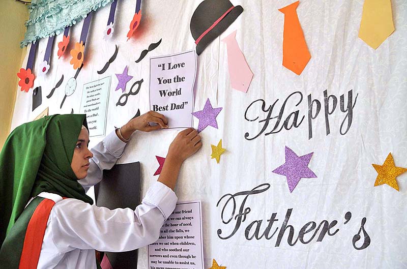 Students performing tableau on the occasion of International Father's Day organized by Bardasht Organization at Khubaibe Girls School & College