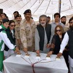 Federal Minister for Narcotics Control Nawabzada Shazain Bugti pressing button to burn recovered smuggled narcotics at Kuch-More area