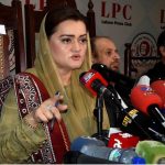 Minister for Information and Broadcasting Marriyum Aurangzeb talking to the media persons during 'Meet the Press' Program on her visit to the Lahore Press Club