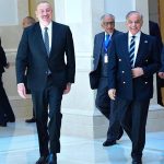 Pakistan Prime Minister Muhammad Shehbaz Sharif and Azerbaijan President Ilham Aliyev sharing a light moment after their meeting in Zugulba, Azerbaijan's Presidential Palace