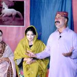 Artists performing drama " Khoya Hua Wajood " during Sindh Theatre Festival 2023 at ZA Bhutto Open Air Theater Arts Council
