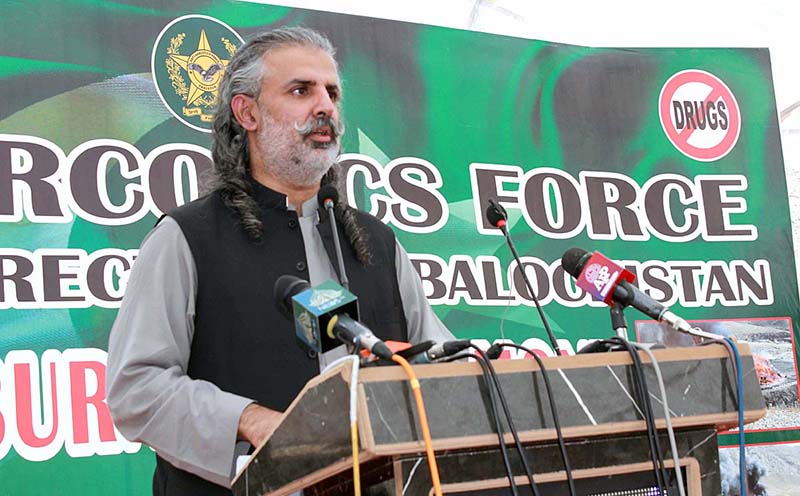 Federal Minister for Narcotics Control Nawabzada Shazain Bugti pressing button to burn recovered smuggled narcotics at Kuch-More area