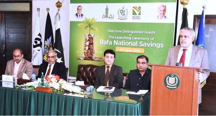 Federal Minister for Finance and Revenue Senator Mohammad Ishaq Dar addresses the launching ceremony of Sarwa lslamic Savings Products by National Savings at Finance Division