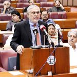 Finance Minister Senator Mohammad Ishaq Dar addresses the Federal Budget 2023-24 winding up debate in the National Assembly of Pakistan