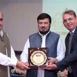 President City University Sabur Sethi and Zubair Afridi giving shield to Governor KP Haji Ghulam Ali during the inauguration ceremony of Peshawar Model Sapphire Hayatabad Campus at City University