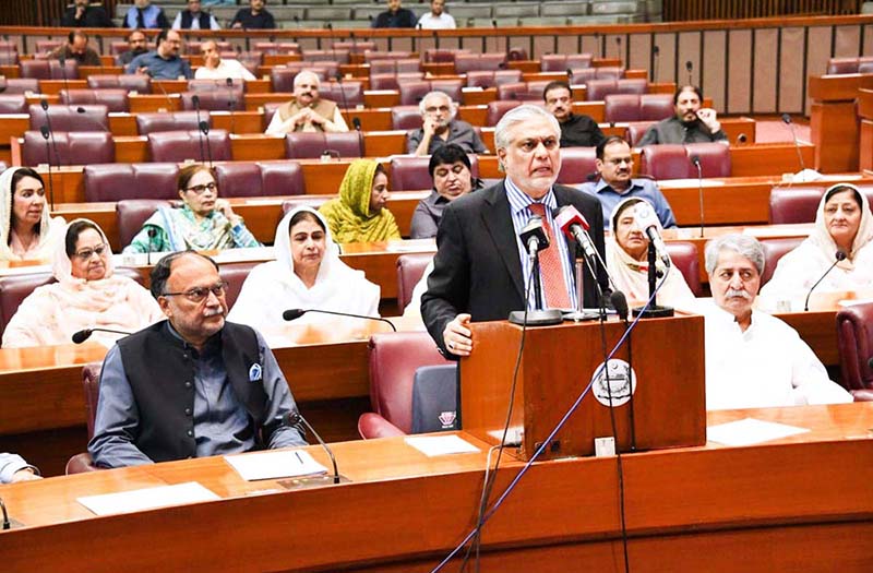 Finance Minister Senator Mohammad Ishaq Dar addresses the Federal Budget 2023-24 winding up debate in the National Assembly of Pakistan