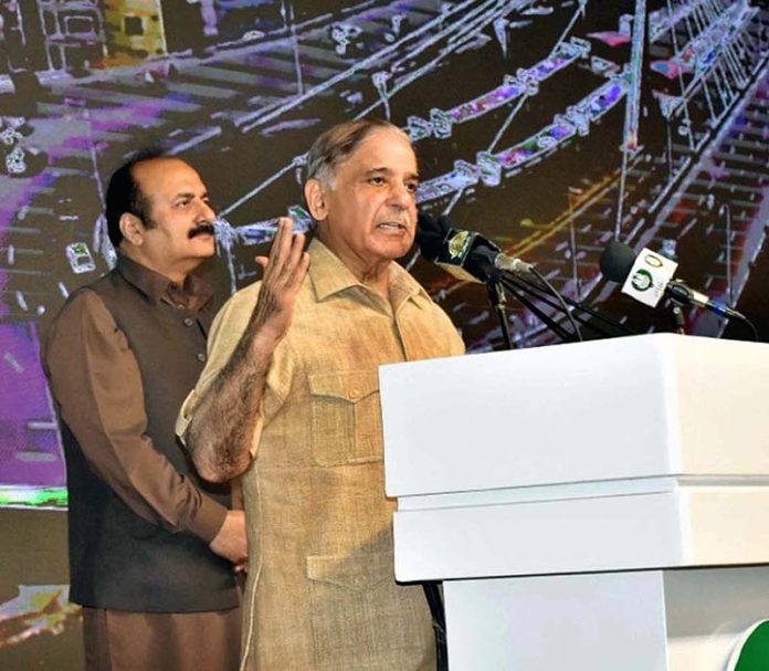 Prime Minister Muhammad Shehbaz Shareef addresses during his visit of Sabzazar Sports Complex