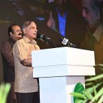 Prime Minister Muhammad Shehbaz Shareef addresses during his visit of Sabzazar Sports Complex