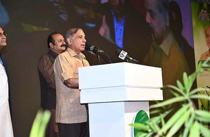 Prime Minister Muhammad Shehbaz Shareef addresses during his visit of Sabzazar Sports Complex