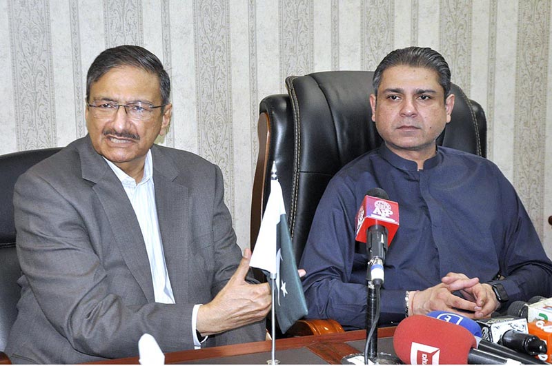 PCB Board of Governor member Zaka Ashraf talks media during the cake cutting ceremony to celebrate the birthday anniversary of Former Prime Minister Mohtarma Benazir Bhutto Shaheed at IPC Ministry