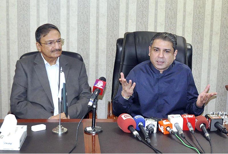 PCB Board of Governor member Zaka Ashraf talks media during the cake cutting ceremony to celebrate the birthday anniversary of Former Prime Minister Mohtarma Benazir Bhutto Shaheed at IPC Ministry