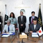Joint Secretary (Japan), Saeed Ashraf Siddiqi, EAD, and Mr. KINOSHITA Yasumitsu, Chief Representative JICA signs the Grant Agreement regarding the Human Resource Development Scholarship Program (JDS) for the year 2023 at Ministry of Economic Affairs