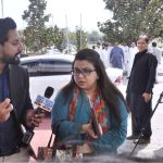 Shaza Fatima Khawaja, Special Assistant to Prime Minister on Youth Affairs talking to media persons while arrives to attend budget session at Parliament House