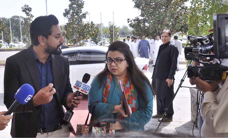 Shaza Fatima Khawaja, Special Assistant to Prime Minister on Youth Affairs talking to media persons while arrives to attend budget session at Parliament House