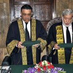 Honourable Mr. Justice Umar Ata Bandial, Chief Justice of Pakistan administering the oath of office to Honourable Mr. Justice Iqbal Hameed-ur-Rehman, former Judge of the Supreme Court of Pakistan, as Chief Justice of the Federal Shariat Court at Supreme Court of Pakistan
