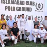 Ambassador of UAE in Pakistan H.E. Hamad Obaid Ibrahim Salem AlZaabi in a group photograph with players of Islamabad Club Junior team winner of final Junior Polo Exhibition Match during prize distribution ceremony at Islamabad Club Polo Ground