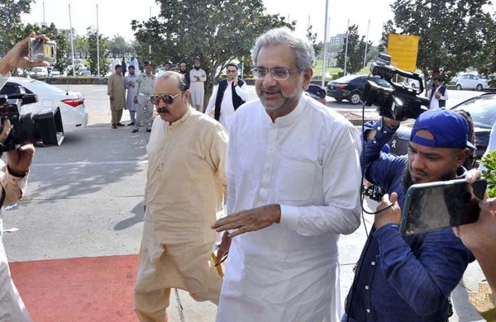 MNA Shahid Khaqan Abbasi arrives to attend budget session at Parliament House