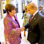 Prime Minister Muhammad Shehbaz Sharif meets Managing Director International Monetary Fund, Kristalina Georgieva before departing for London