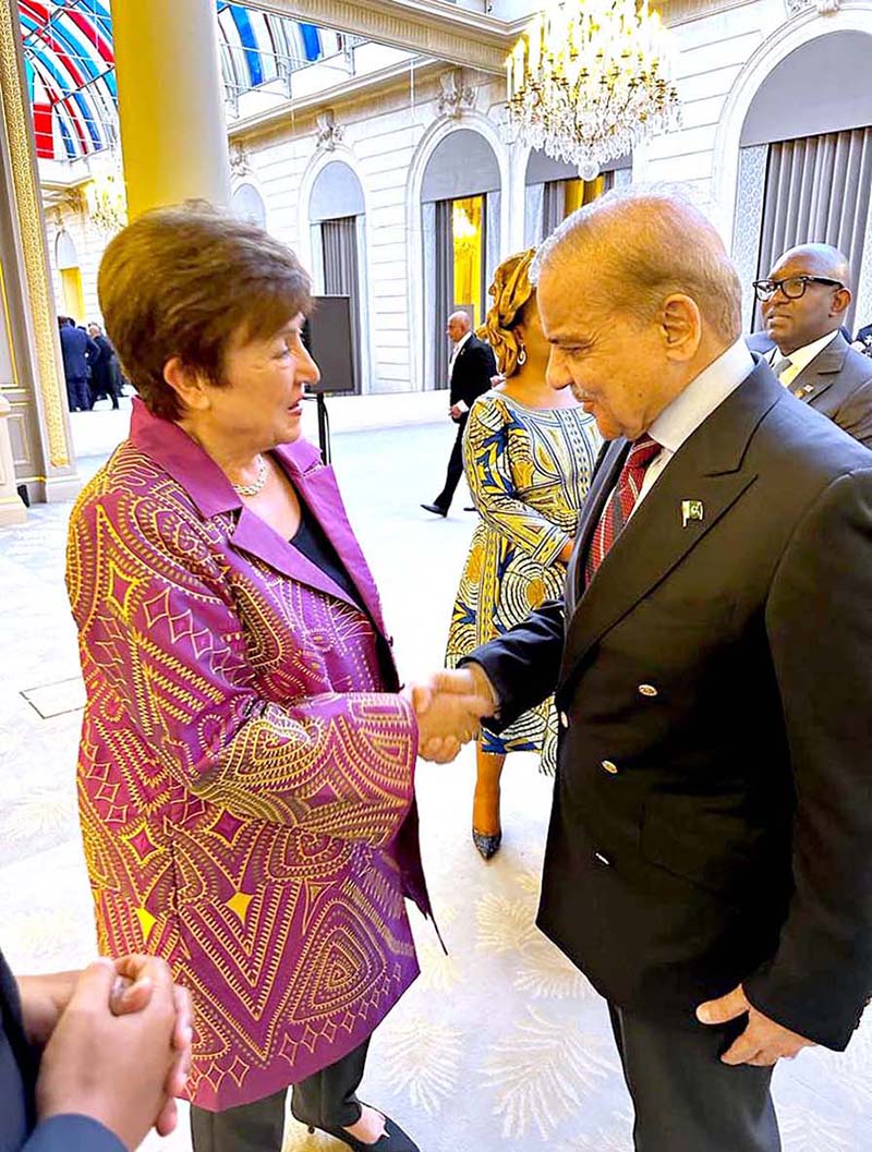 Prime Minister Muhammad Shehbaz Sharif meets Managing Director International Monetary Fund, Kristalina Georgieva before departing for London