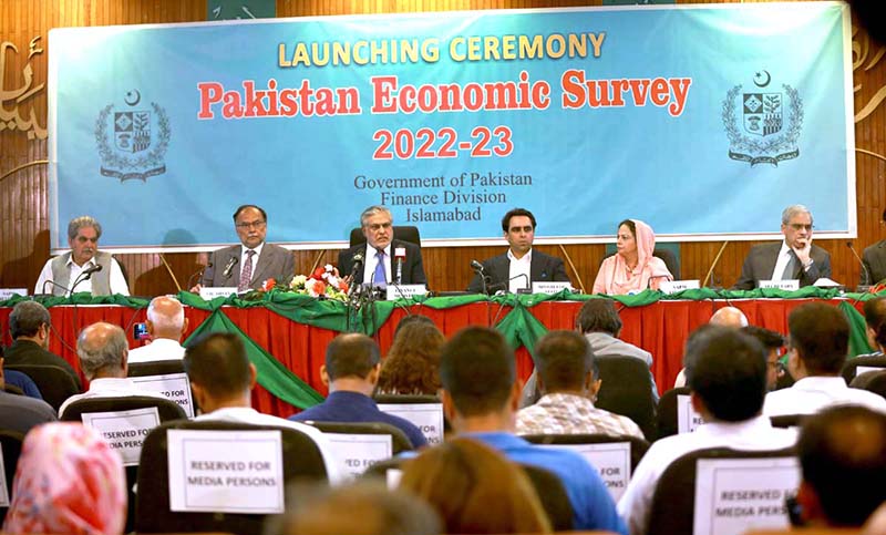Federal Minister for Finance and Revenue Senator Ishaq Dar presents Economic Survey for fiscal year 2022-23 during a press conference