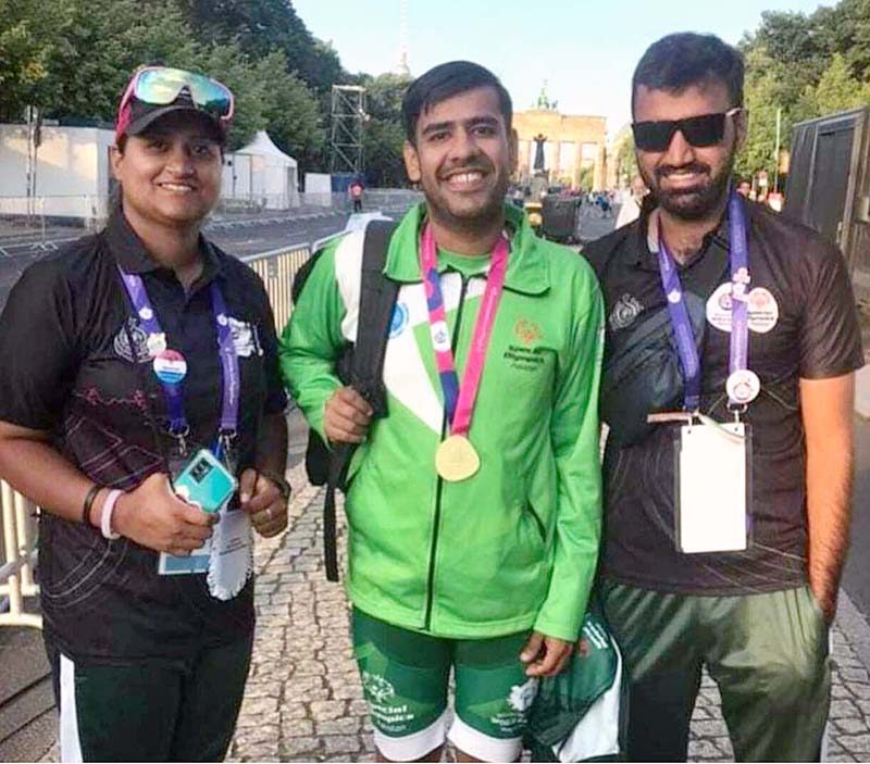 Safeer Abid of Pakistan posing for photograph who won the gold medal in the 10km Time-Trial Race of the cycling event of the 16th Special Olympic World Games
