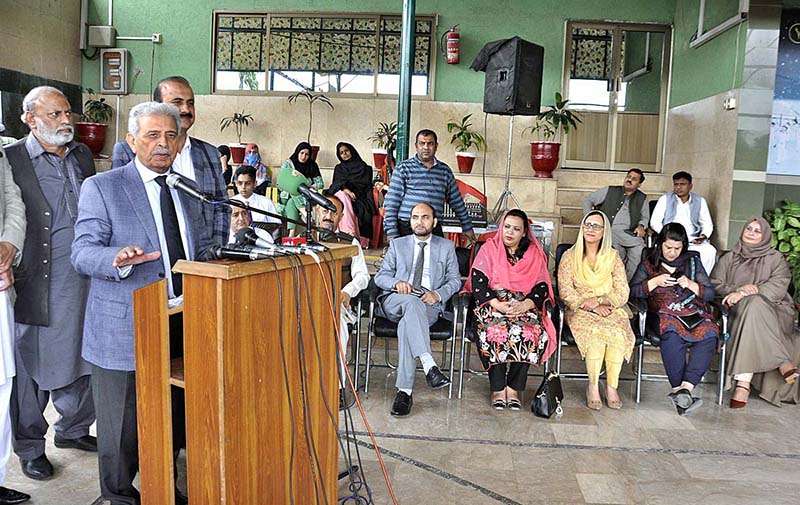 Federal Minister for Education, Professional Training Rana Tanveer Hussain addressing during the visit at Pakistan Sweet Home