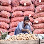 A vendor displaying potatoes to attract the customers at Sabzi Mandi
