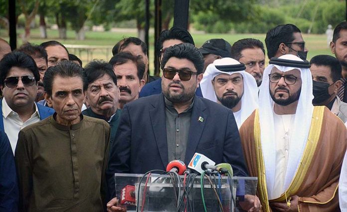Sindh Governor Kamran Tessori talking to media persons after offering Eid-ul-Azha prayers at Polo Ground.