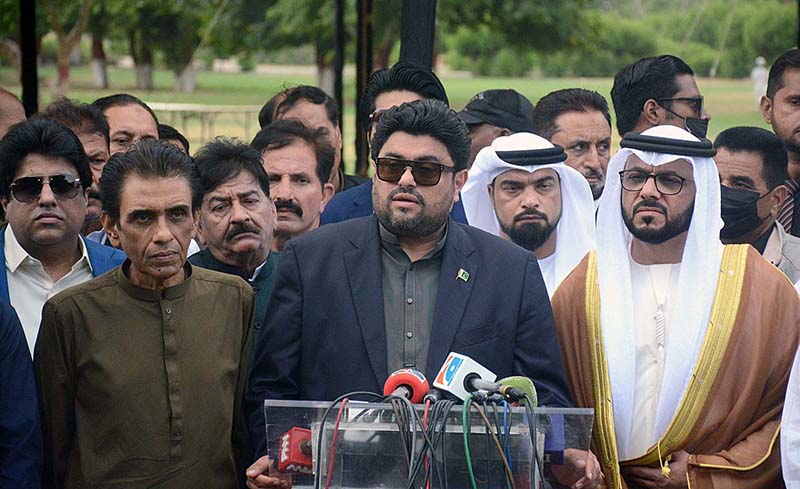Sindh Governor Kamran Tessori talking to media persons after offering Eid-ul-Azha prayers at Polo Ground.