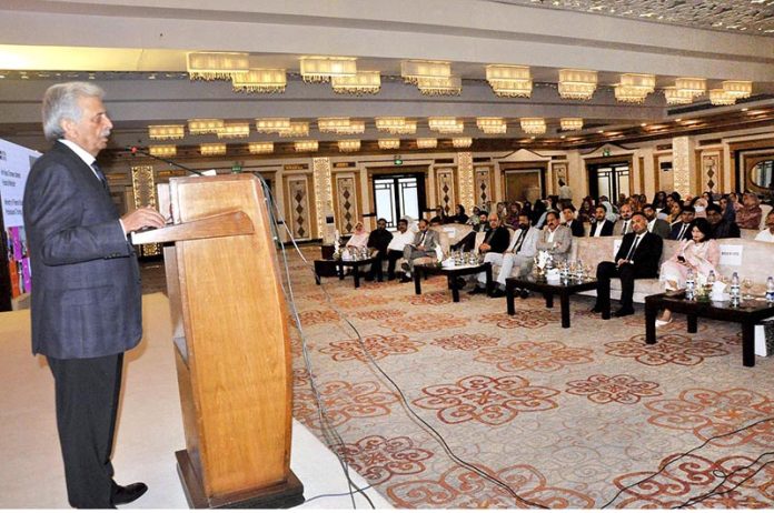 Federal Minister for Education and Professional Training Rana Tanveer Hussain addressing the launching ceremony 