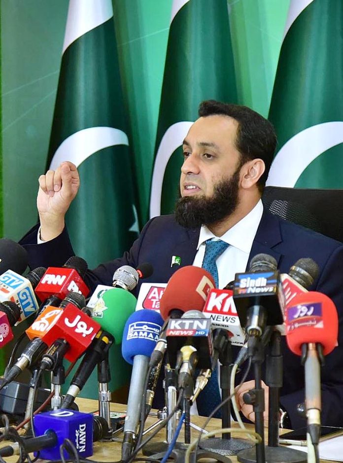 Special Assistant to the Prime Minister on Interior and Legal Affairs Attaullah Tarar addressing a press conference