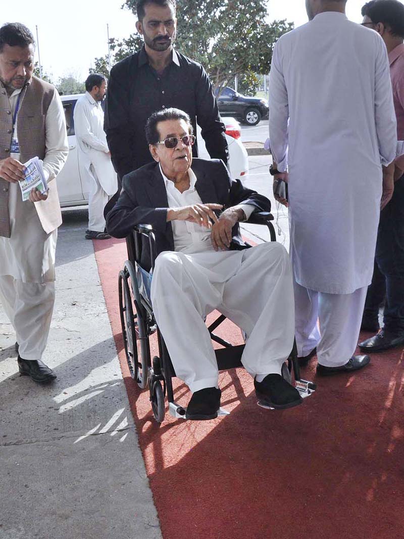 MNA Nawab Muhammad Yousuf Talpur arrives to attend budget session at Parliament House