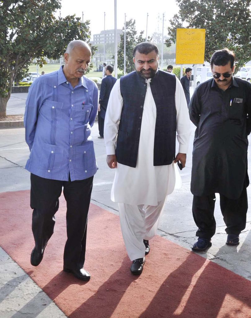 Senator Mushahid Hussain Sayed arrives to attend budget session at Parliament House