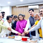 Federal Minister for Poverty Alleviation and Social Safety and Chairperson Benazir Income Support Programme Ms. Shazia Marri and Minister of State Faisal Karim Kundi along with journalist cutting cake on 70th Birthday of Shaheed Mohtarma Benazir Bhutto at PID Zero Point