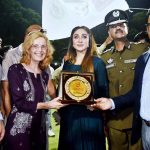 Chairperson Almarah Foundation Mrs Sofia Warriach presents souvenir to the Ambassador of the Kingdom of the Netherlands in Pakistan Henny de Vries after MOU collaboration ceremony between Almarah and SBP KJHA at National Hockey Stadium as and Dy Inspector General of police Mr.Mehboob Lilla also present