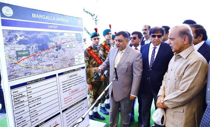 Prime Minister Muhammad Shehbaz Sharif being briefed about the Margalla Avenue Project